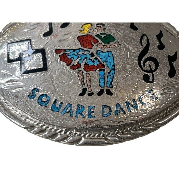 Vtg Square Dance Music Notes Rare inlaid Turquoise Enamel Couple SSI Belt Buckle - Picture 2 of 6